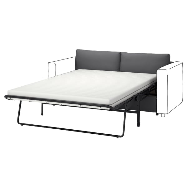 VIMLE sofa-bed in dark grey with white mattress, modern and minimalist design with metal frame.