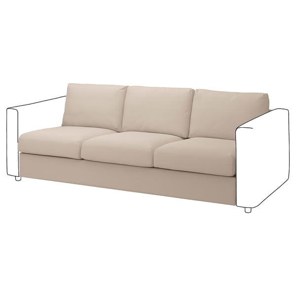 Beige VIMLE sofa with 3 cushions, sleek design. 80% cotton, 20% polyester cover.