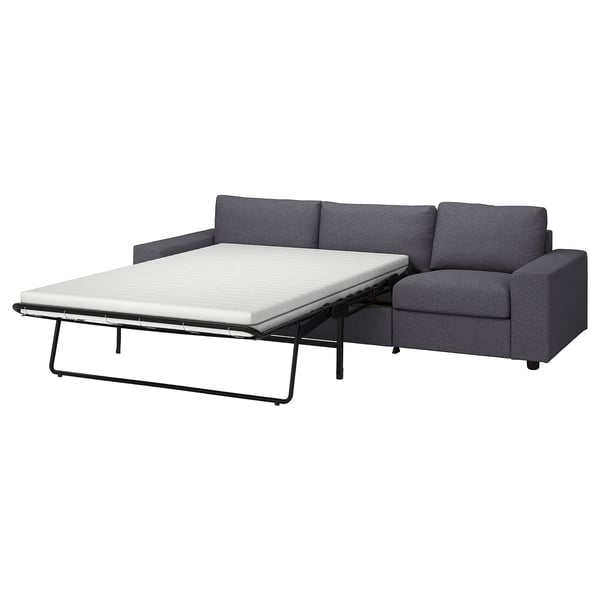 VIMLE grey sofa-bed, modern design, convertible with thick mattress, black metal legs.