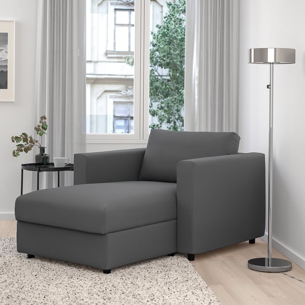 Grey VIMLE sofa with storage, modern design, floor lamp, rug in living room.