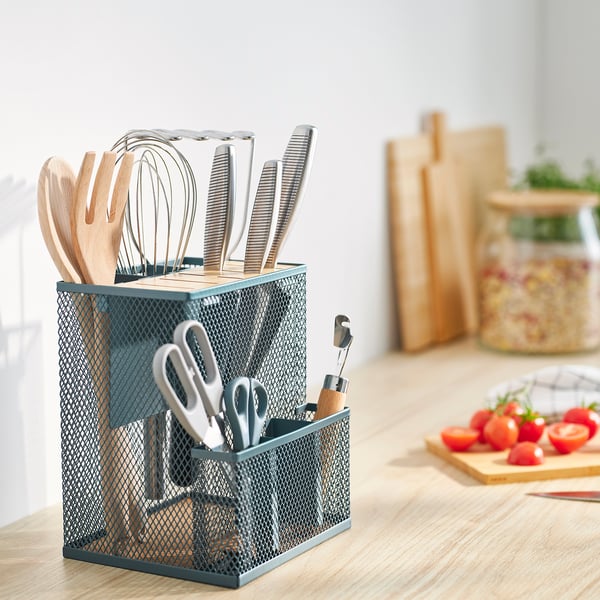 VIMPELFISK knife block, black metal mesh with bamboo top, stores knives & utensils neatly. Compact yet spacious, fits well on countertop.