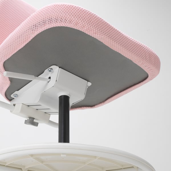 Underside of ergonomic junior chair with adjustable seat and star base hub for comfort and stability