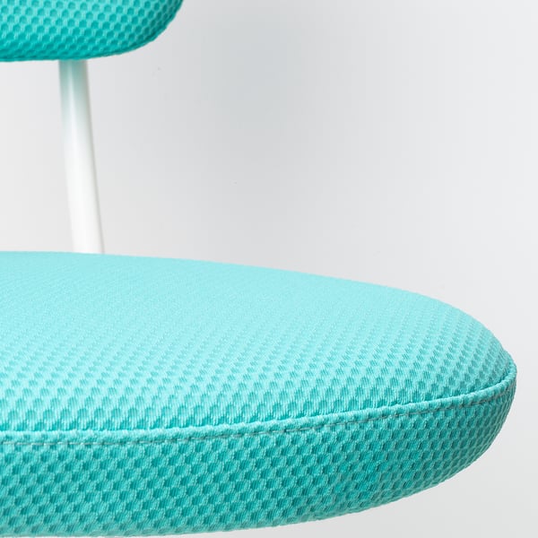 Bright turquoise office chair close-up, showcasing durable, breathable mesh and sleek design.