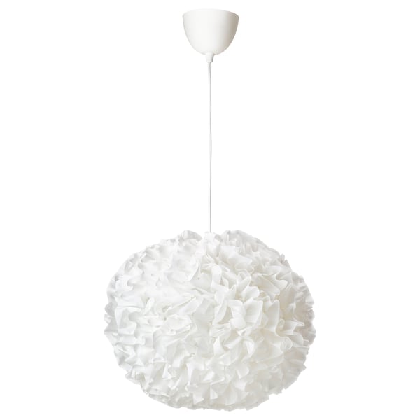 VINDKAST white pendant lamp, spherical shape, soft glow, recycled polyester shade.