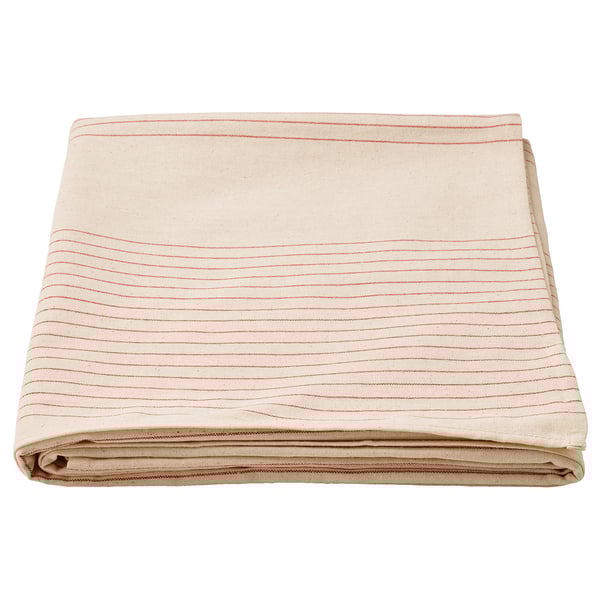 VIPPSTARR beige cotton tablecloth, simple red stripes, folded square shape.