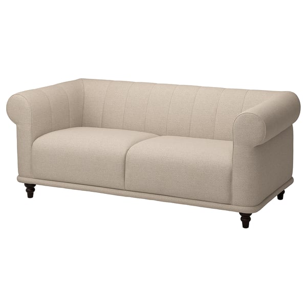 Beige VISKAFORS 2-seater sofa with rolled arms, tufted design, and wooden legs.