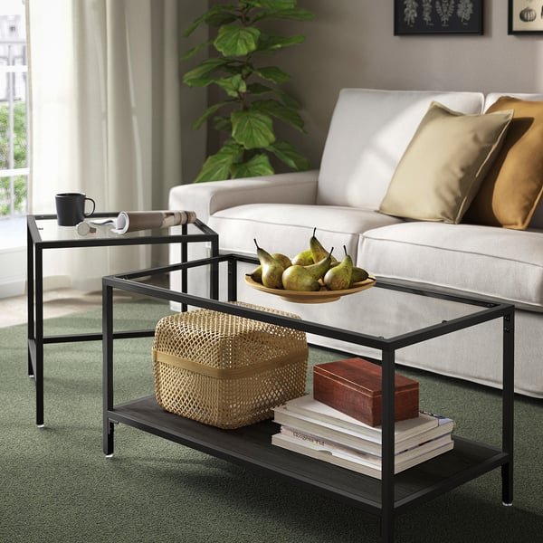 VITTSJÖ Nest of tables, set of 2, black-brown/glass, 90x50 cm