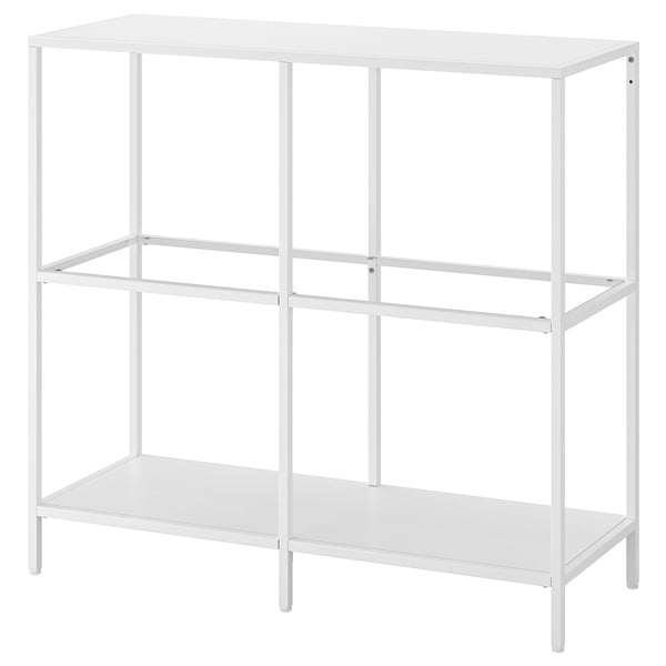 VITTSJÖ shelf, white, rectangular, glass & metal, minimalist design.