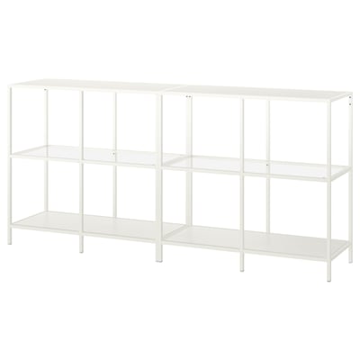 A VITTSJÖ white metal and glass storage shelf with three levels for display.