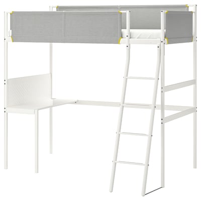 White VITVAL loft bed with desk and ladder, sleek modern design, metallic and fabric materials.