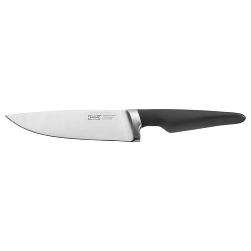 A VÖRDA knife, silver with black handle, featuring a stainless blade, a comfortable grip, and sturdy design.