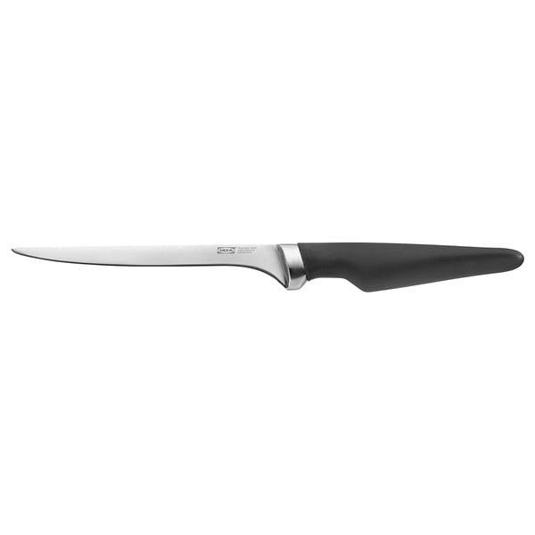 A VÖRDA knife. Its black with a stainless steel blade. The handle is ergonomically designed for a firm grip.