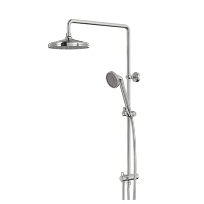 VOXNAN shower set: chrome, wall-mounted, curved arm, round rain head, handheld sprayer, adjustable height, energy-efficient.
