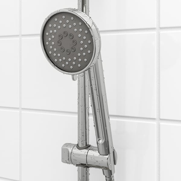 Shower head with full and mesh spray, adjustable height, safety stop at 38°c.