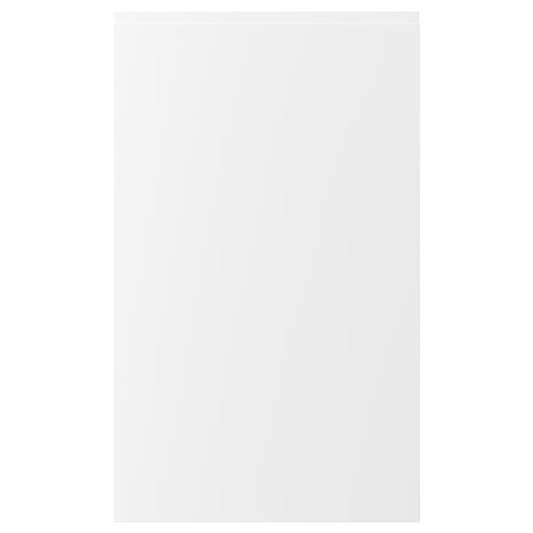 VOXTORP white kitchen door with minimalist, integrated handles and smooth surface.