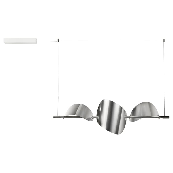 BACKSTÖRN lampa, gluds sudraba metāls, mūsdienīgs minimālisma dizains, regulējams piekaramies augstums, ideāli piemērots ēdamistabas zonai.