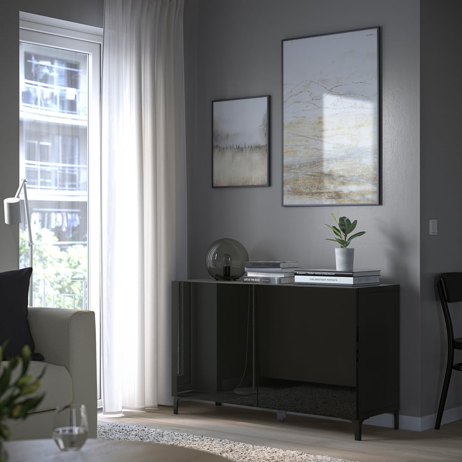 BESTÅ Skapis 120x40x74 cm, melni brūns/ Selsviken melns glancēts BESTÅ Skapis 120x40x74 cm, melni brūns/ Selsviken melns glancēts