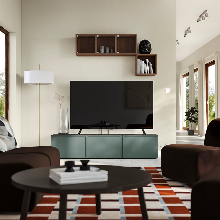 BESTÅ TV galdiņš ar durvīm, melni brūnā krāsā/Krukmakare tumši pelēka-zaļa, 180x42x38 cm