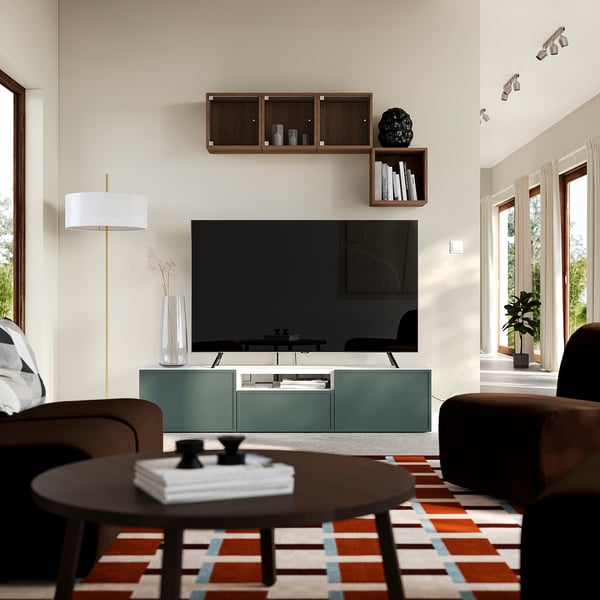 BESTÅ TV galdiņš, baltā krāsā/Krukmakare tumši pelēka-zaļa, 180x42x39 cm