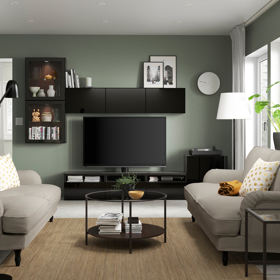 BESTÅ TV plauktu komb. ar stikla durvīm, melni brūnā krāsā/Selsviken spīdīgs/melns caurspīdīgs stikls, 300x42x211 cm