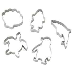 Pieci sudraba cepumu griezēji bruņurupuča, pingvīna, zivju, delfīnu un gliemežu formās. Ideāli piemērots okeāna tematisku gardumu radīšanai.
