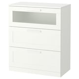 BRIMNES balta kumode, 3 atvilktnes, gluds mūsdienīgs dizains, matēta stikla augšējā atvilktne.