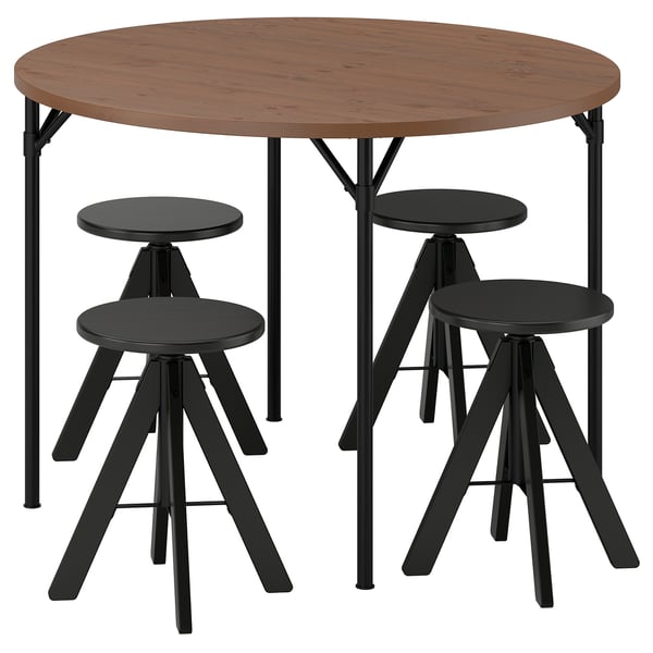 GRÖTÅN / RUDSTORP Galds un 4 taburetes, priežkoks brūni beicēts/melnā krāsā, 105 cm