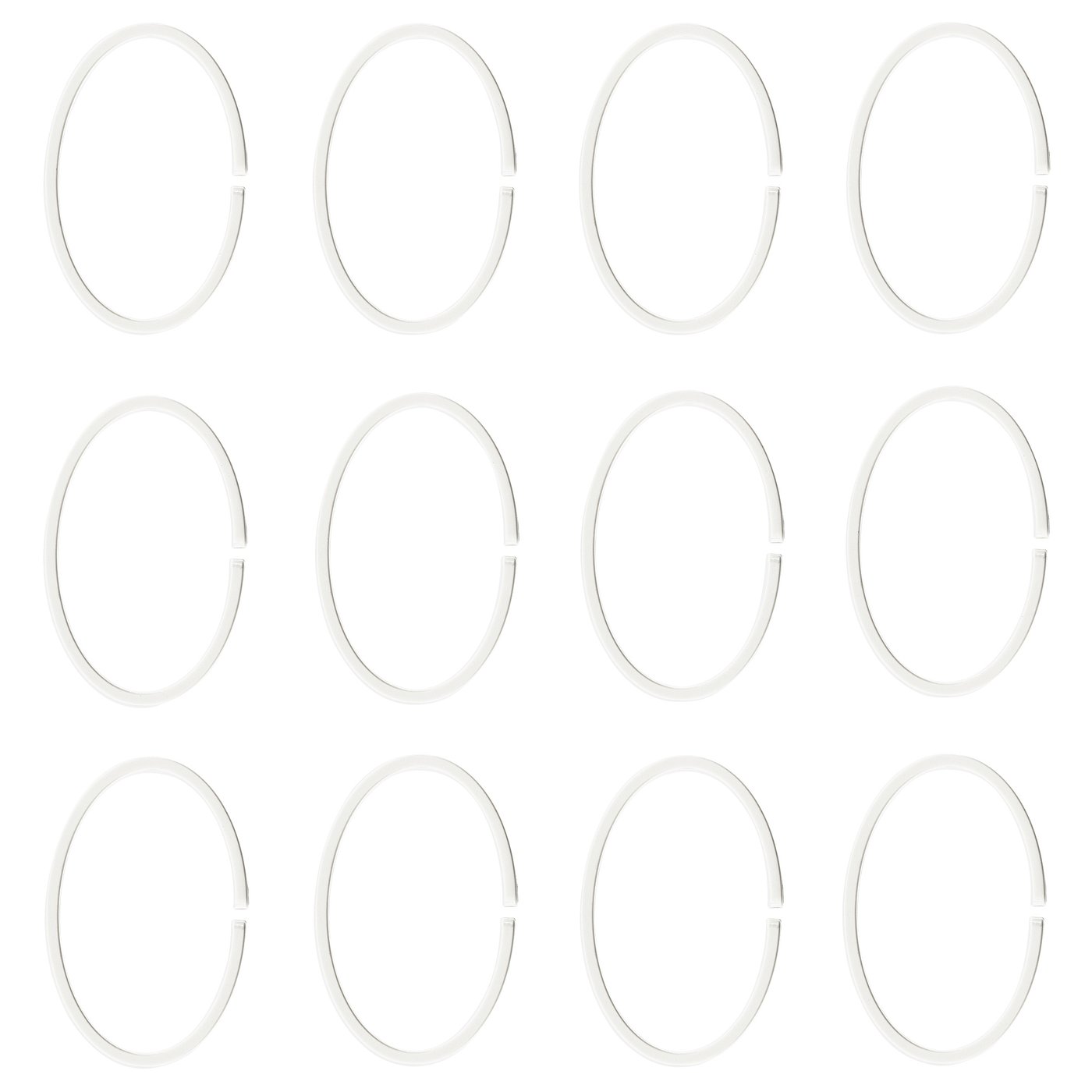 Divpadsmit baltas ovālas plastmasas stīpas, kas parādītas rindās.