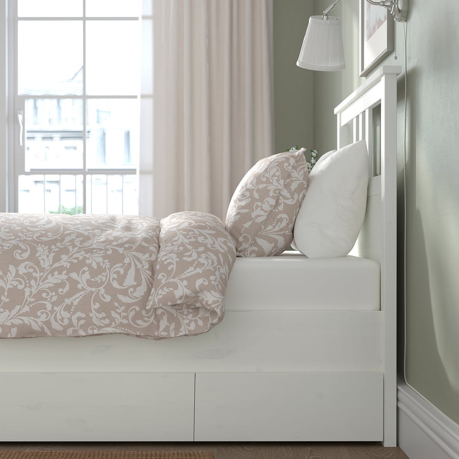 HEMNES voodiraam koos 2 pesukastiga, Valge plekk/Luröy, 90x200cm