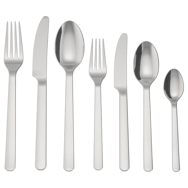 Sešdaļīgs nerūsējošā tērauda galda piederumu komplekts: dakšiņa, nazis, karote modernā, elegantā dizainā IKEA 365+.