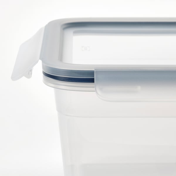 Caurspīdīgs plastmasas pārtikas trauks ar aizsprostojamu vāku, paredzēts kraušanai un noplūdes uzglabāšanai.