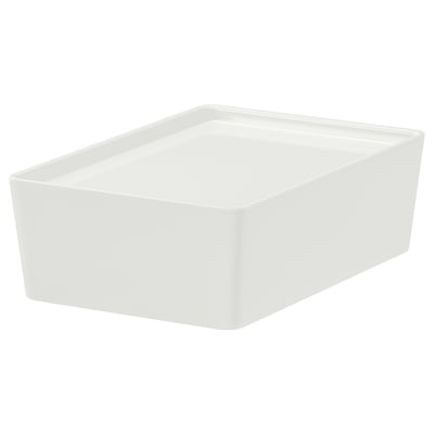 KUGGIS balta plastmasas glabāšanas kaste galda piederumiem vai multivides sīkrīkiem, sakraujama, piemērota billy grāmatu skapī.