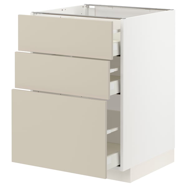 ikea METOD virtuves skapis ar smilškrāsas atvilktnēm, tīrs un gluds dizains, aprīkots ar pašaizverošām atvilktnēm.