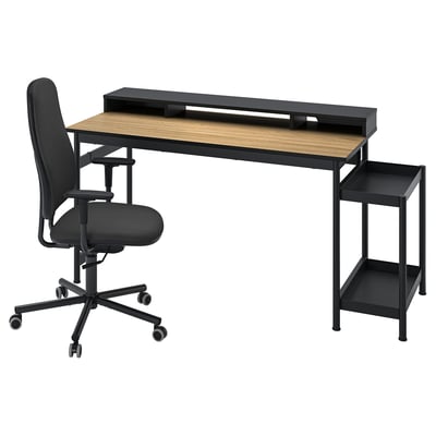 Melns biroja komplekts: rakstāmgalds, sānu plaukts, ritošs krēsls. Mūsdienīgs, ergonomisks dizains, koka virsma.