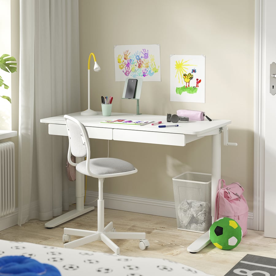 RELATERA, regulējama rakstāmgalda kombinācija 117x60 cm, baltā krāsā/gaiši pelēkzaļā krāsā