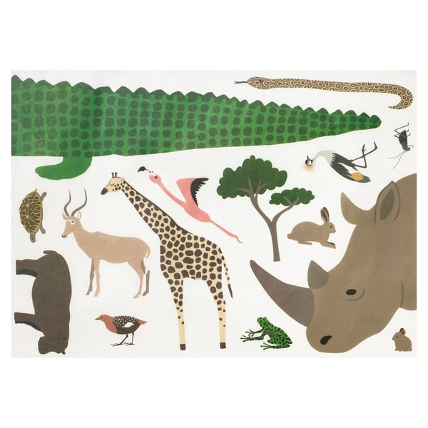 Ilustratīvas savannas uzlīmes: žirafe, degunradzis, flamingo un daudz kas cits. Piestipriniet pie sienām vai mēbelēm, lai rotaļīgi istabas dekori.