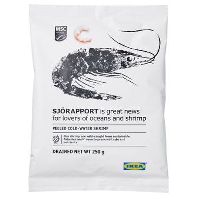 IKEA sjörraport garneļu iepakojums, izceļ jūras logotipu, garneļu attēlu, 250 g nosusināts svars, MSC sertificēts ilgtspējīgs.