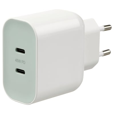Balts SJÖSS 45w USB-C lādētājs ar 2 portiem, kompaktas, noapaļotas malas.