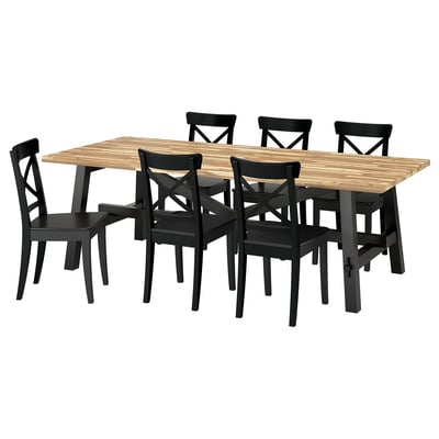 SKOGSTA / ROSENTORP Galds un 6 krēsli, akācija melnā krāsā/melnā krāsā, 235x100 cm