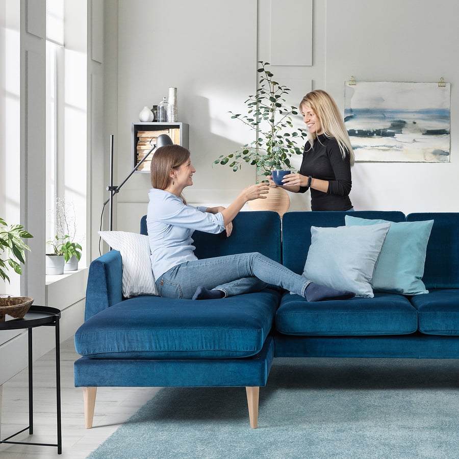 SMEDSTORP neljakohaline diivan koos tumbaga, Djuparp/tumesinine-roheline tamm