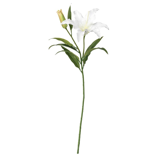 Balts mākslīgais lilijas zieds ar zaļu kātu un lapām.