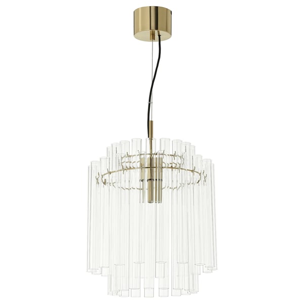 STOCKHOLM 2025 zelta piekaramā lampa ar caurspīdīgu stikla cilindriem. Elegants ēdamistabas vai dzīvojamās istapas dizains, nodrošinot tiešu gaismu.