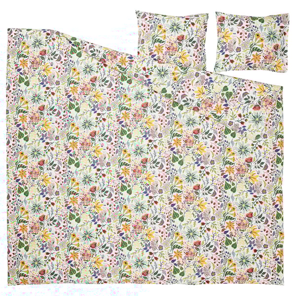 STRANDLUMMER gultas veļas komplekts, viegla ziedu apdruka uz dabīgās kokvilnas, ietver segas un 2 spilvendrānas, maigi tekstūrētas.