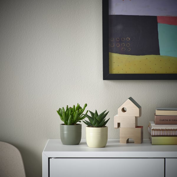 Divi mazi SUCCULENTS zaļos keramikas podos sēž uz balta plaukta blakus koka mājas dekorācijai un grāmatām. Virs karājas krāsaina glezna.