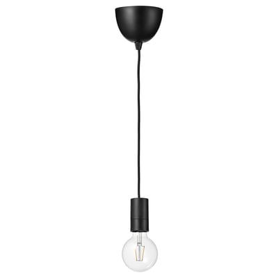 Melna piekaramā lampa ar regulējamu vadu, caurspīdīga led spuldze, mūsdienīgs dizains.
