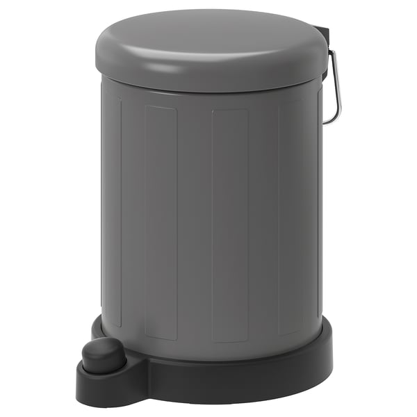 Pelēka TOFTAN pedāļa tvertne ar kāju pedāli, rokturi un vāku, izgatavota no cinkota tērauda un plastmasas.
