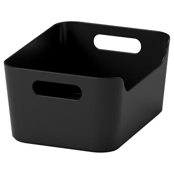 Melna UPPDATERA uzglabāšanas kaste ar rokturiem, izgatavota no pārstrādātas plastmasas.