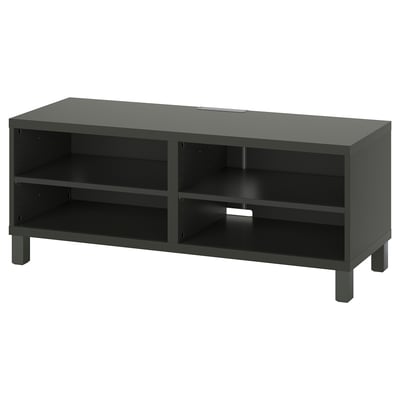 Тумба под телевизор Ikea BESTÅ, темно-серый, прямоугольной формы, с регулируемыми полками и розетками для кабелей.