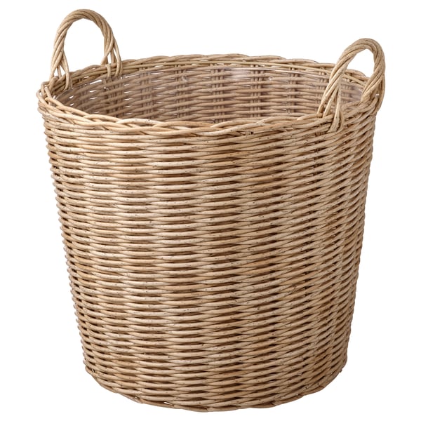 Плетеная корзина ручной работы, натурального бежевого цвета, круглая, с двумя ручками. Идеально подходит для хранения или украшения.