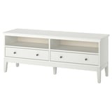 Ikea idanas белая скамейка для телевизора, прямоугольной формы, с 2 открытыми полками и 2 ящиками, элегантный современный дизайн.